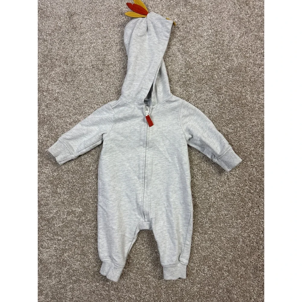 Baby Gray Chicken Rooster Hooded Romper One Piece Zip Up Size 3Months